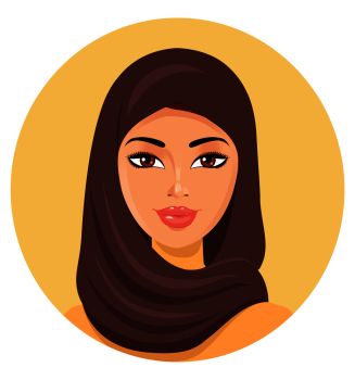 Beautiful young happy muslim woman in hijab vector flat icon avatar.